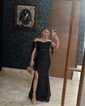Sheath/Column Sweep Train Off-the-shoulder Jersey Split Front Prom Dresses