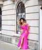Sheath/Column Sweep Train Off-the-shoulder Jersey Split Front Prom Dresses