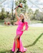 Sheath/Column Sweep Train Off-the-shoulder Jersey Split Front Prom Dresses