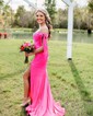 Sheath/Column Sweep Train Off-the-shoulder Jersey Split Front Prom Dresses