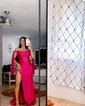 Sheath/Column Sweep Train Off-the-shoulder Jersey Split Front Prom Dresses