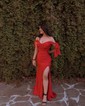 Sheath/Column Sweep Train Off-the-shoulder Jersey Split Front Prom Dresses