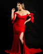 Sheath/Column Sweep Train Off-the-shoulder Jersey Split Front Prom Dresses