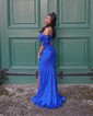 Sheath/Column Sweep Train Off-the-shoulder Jersey Split Front Prom Dresses