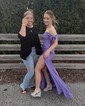 Sheath/Column Sweep Train Off-the-shoulder Jersey Split Front Prom Dresses