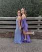 Sheath/Column Sweep Train Off-the-shoulder Jersey Split Front Prom Dresses