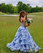Ball Gown Strapless Satin Chiffon Floral Tiered Prom Dresses