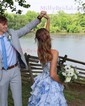 Ball Gown Strapless Satin Chiffon Floral Tiered Prom Dresses