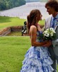 Ball Gown Strapless Satin Chiffon Floral Tiered Prom Dresses
