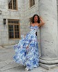 Ball Gown Strapless Satin Chiffon Floral Tiered Prom Dresses
