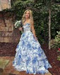 Ball Gown Strapless Satin Chiffon Floral Tiered Prom Dresses