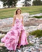 Ball Gown Strapless Satin Chiffon Floral Tiered Prom Dresses