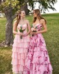 Ball Gown Strapless Satin Chiffon Floral Tiered Prom Dresses