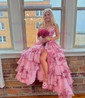 Ball Gown Strapless Satin Chiffon Floral Tiered Prom Dresses