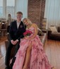 Ball Gown Strapless Satin Chiffon Floral Tiered Prom Dresses