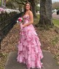 Ball Gown Strapless Satin Chiffon Floral Tiered Prom Dresses