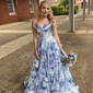 Ball Gown Strapless Satin Chiffon Floral Tiered Prom Dresses