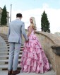 Ball Gown Strapless Satin Chiffon Floral Tiered Prom Dresses