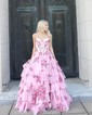 Ball Gown Strapless Satin Chiffon Floral Tiered Prom Dresses
