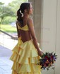 Ball Gown V-neck Satin Cut Out Tiered Prom Dresses