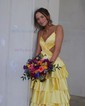 Ball Gown V-neck Satin Cut Out Tiered Prom Dresses