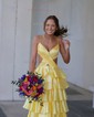 Ball Gown V-neck Satin Cut Out Tiered Prom Dresses