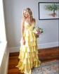 Ball Gown V-neck Satin Cut Out Tiered Prom Dresses