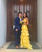 Ball Gown V-neck Satin Cut Out Tiered Prom Dresses