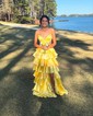 Ball Gown V-neck Satin Cut Out Tiered Prom Dresses