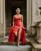 Mermaid V-neck Satin Tiered Prom Dresses With Appliques