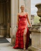 Mermaid V-neck Satin Tiered Prom Dresses With Appliques
