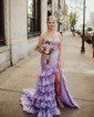 Mermaid V-neck Satin Tiered Prom Dresses With Appliques