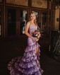 Mermaid V-neck Satin Tiered Prom Dresses With Appliques