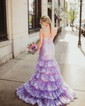 Mermaid V-neck Satin Tiered Prom Dresses With Appliques