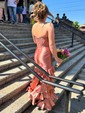 Mermaid Strapless Satin Tiered Prom Dresses With Appliques
