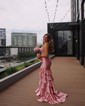 Mermaid Strapless Satin Tiered Prom Dresses With Appliques