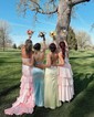 Mermaid Strapless Satin Tiered Prom Dresses With Appliques