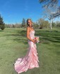 Mermaid Strapless Satin Tiered Prom Dresses With Appliques