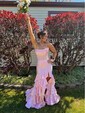 Mermaid Strapless Satin Tiered Prom Dresses With Appliques