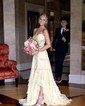A-line Strapless Chiffon Ruffle Tiered Prom Dresses With Appliques