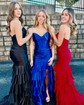 Mermaid Strapless Satin Ruffle Tiered Prom Dresses With Ruched