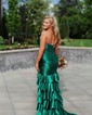Mermaid Strapless Satin Ruffle Tiered Prom Dresses With Ruched