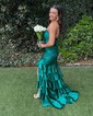 Mermaid Strapless Satin Ruffle Tiered Prom Dresses With Ruched
