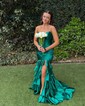 Mermaid Strapless Satin Ruffle Tiered Prom Dresses With Ruched