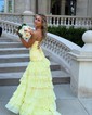 Mermaid V-neck Chiffon Tiered Prom Dresses With Appliques