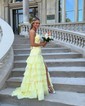 Mermaid V-neck Chiffon Tiered Prom Dresses With Appliques