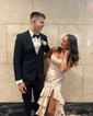 Mermaid Strapless Satin Tiered Prom Dresses With Appliques