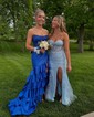 Mermaid Strapless Satin Tiered Prom Dresses With Appliques