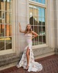 Mermaid Strapless Satin Tiered Prom Dresses With Appliques