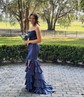Mermaid Strapless Satin Tiered Prom Dresses With Appliques